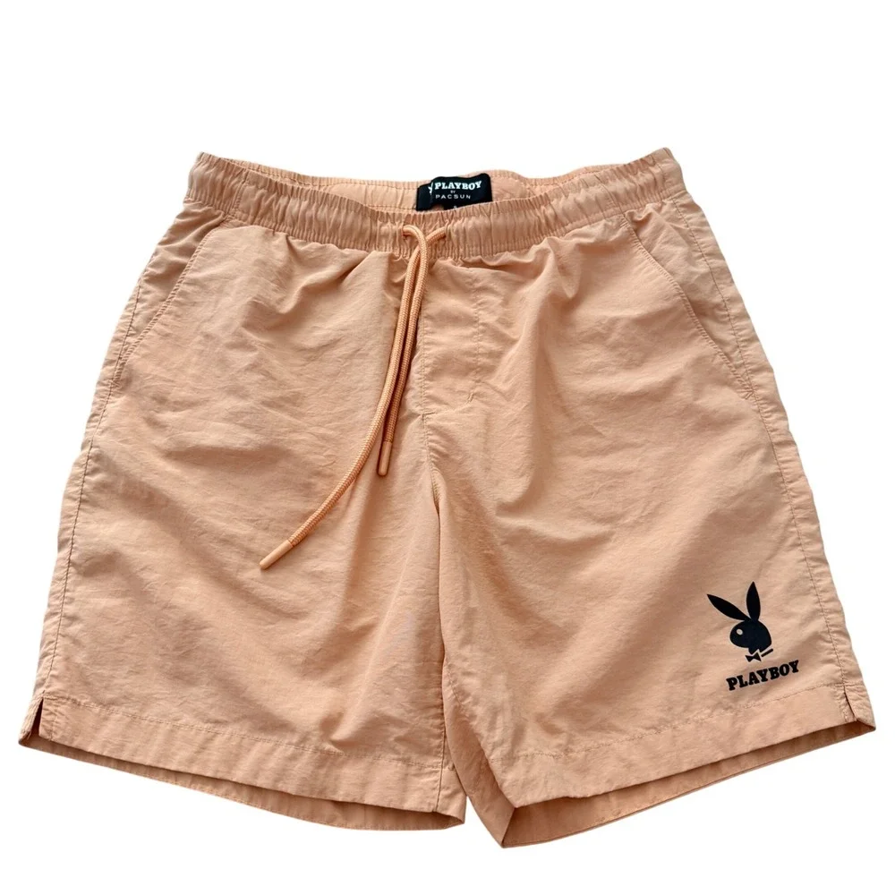 Playboy Swim Trunks Mens Small Peach PacSun Bunny Logo Nylon Board Shorts